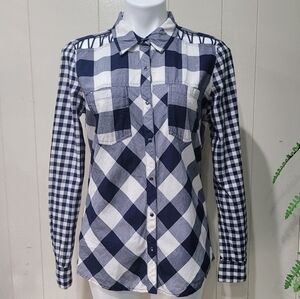 BKE Navy White Checked Long Sleeve Western Top Southwest cowgirl Farmhouse Shirt